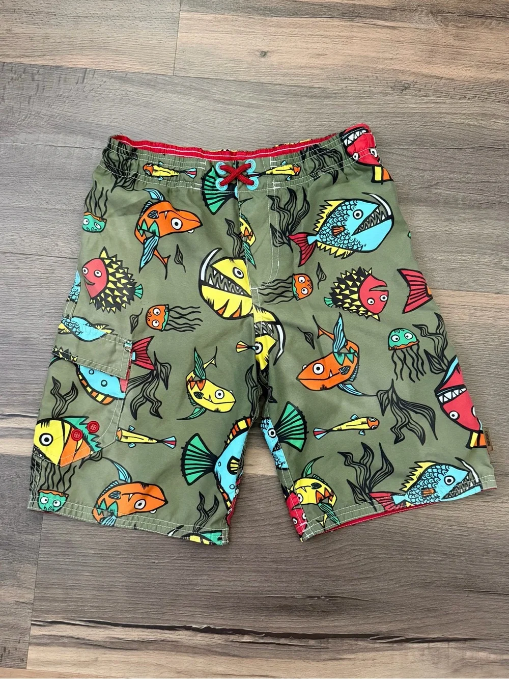 Vintage OshKosh Olive Green Multi-Colored Fish Swim Trunks Size 6